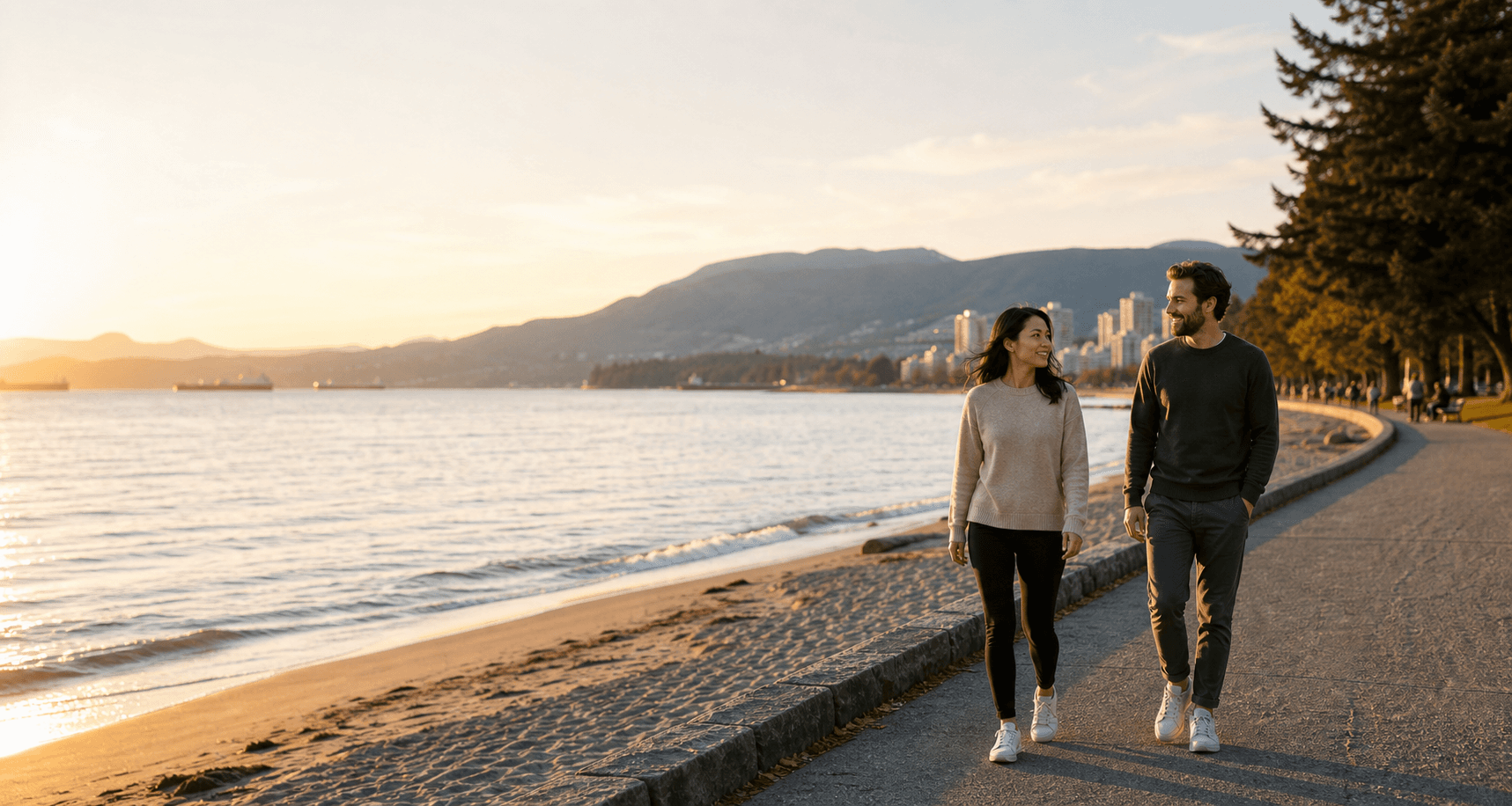 Quiet seawall walk in a Vancouver beach setting.