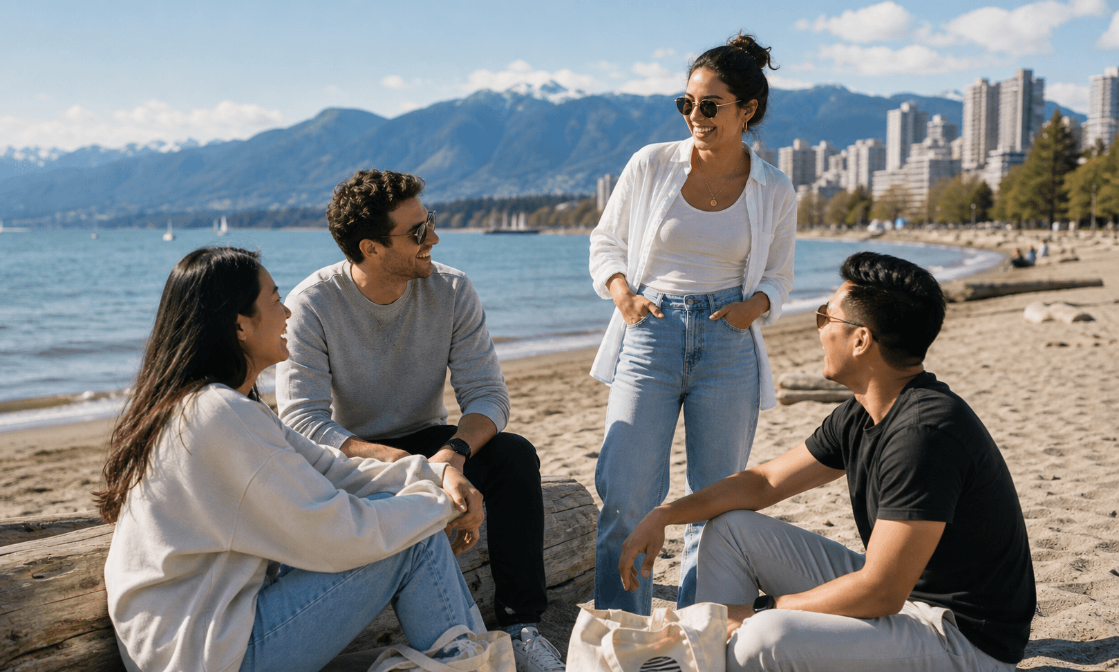 A small group of adults spending relaxed time together near the Vancouver waterfront.